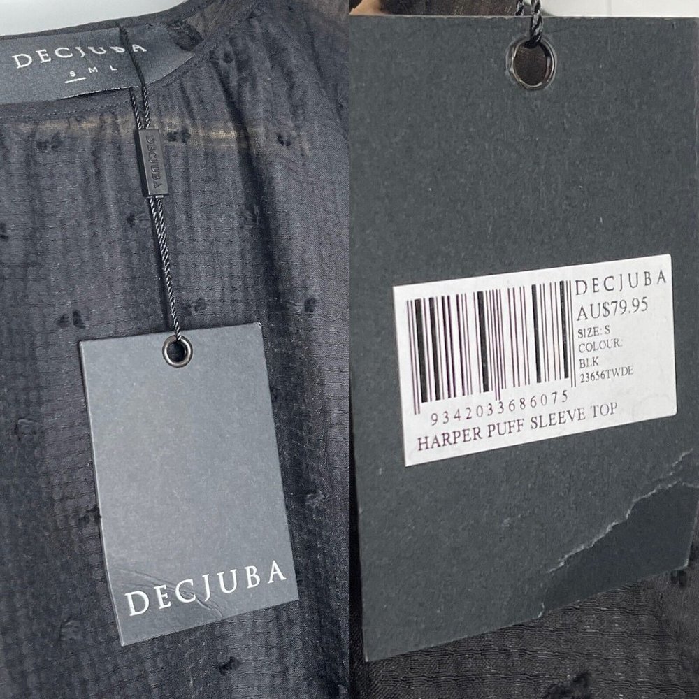 NWT Decjuba Black Harper Puff Sleeve Top Blouse Size S Cotton Blend Sheer Dobby - Picture 9 of 9
